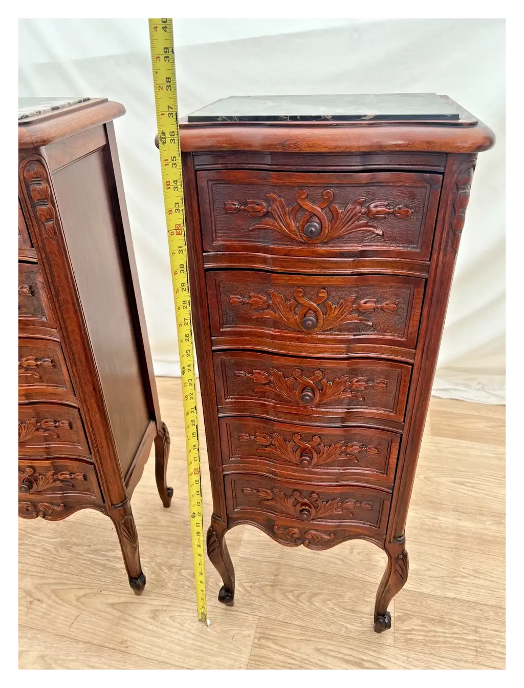 Antique Pair of French Nightstands Bedside Tables Five Hand Carved Drawers