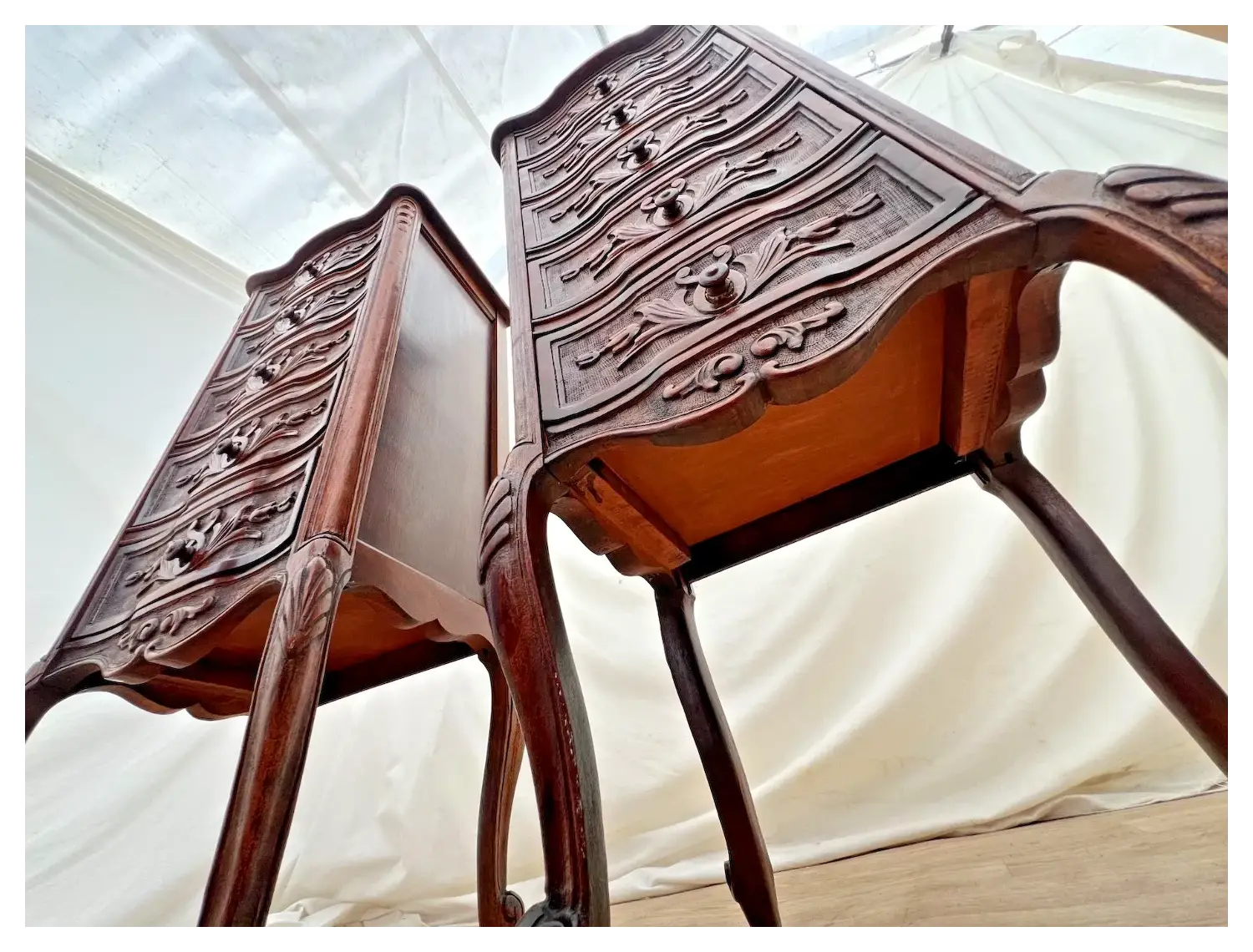 Antique Pair of French Nightstands Bedside Tables Five Hand Carved Drawers