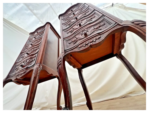 Antique Pair of French Nightstands Bedside Tables Five Hand Carved Drawers