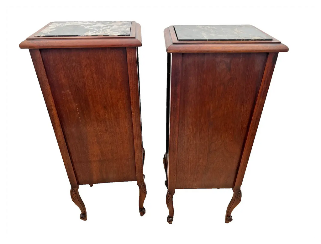Antique Pair of French Nightstands Bedside Tables Five Hand Carved Drawers