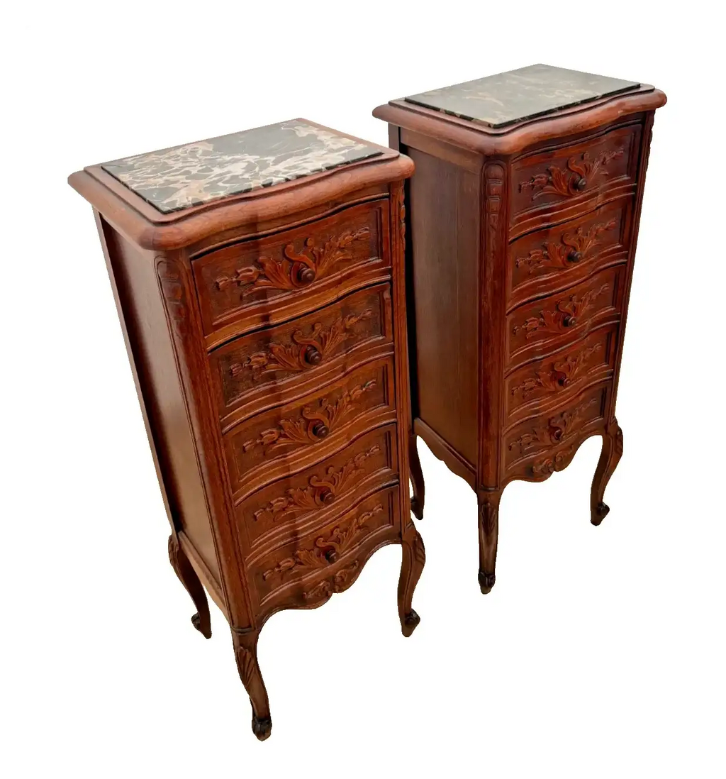 Antique Pair of French Nightstands Bedside Tables Five Hand Carved Drawers
