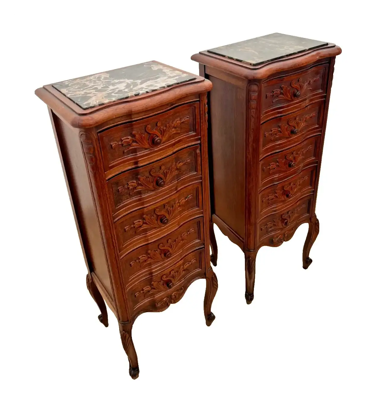 Antique Pair of French Nightstands Bedside Tables Five Hand Carved Drawers