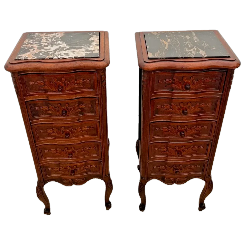 Antique Pair of French Nightstands Bedside Tables Five Hand Carved Drawers