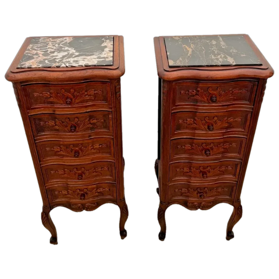 Antique Pair of French Nightstands Bedside Tables Five Hand Carved Drawers