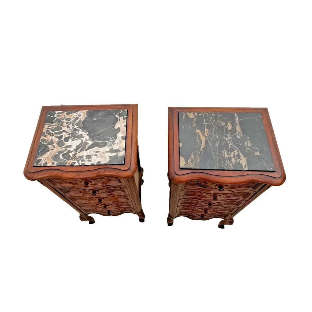 Antique Pair of French Nightstands Bedside Tables Five Hand Carved Drawers
