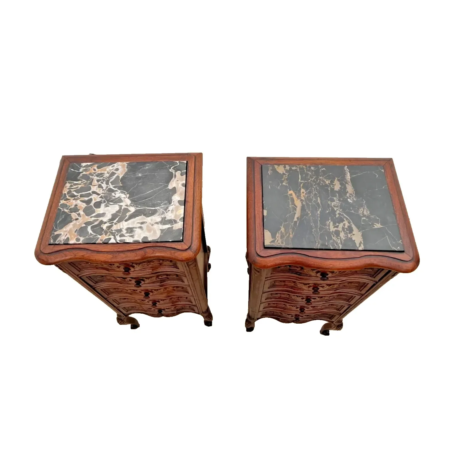 Antique Pair of French Nightstands Bedside Tables Five Hand Carved Drawers
