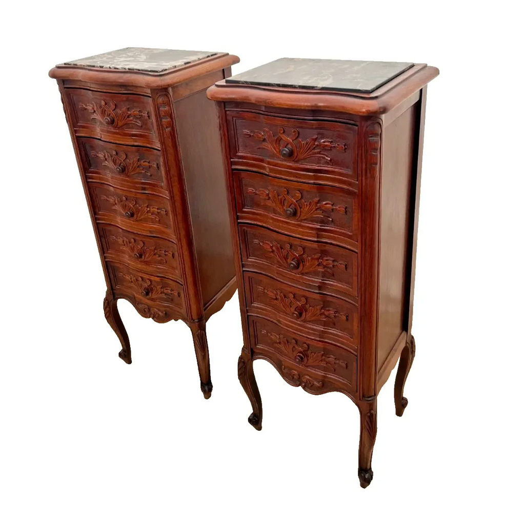 Antique Pair of French Nightstands Bedside Tables Five Hand Carved Drawers