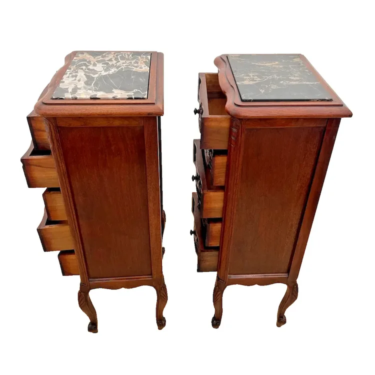 Antique Pair of French Nightstands Bedside Tables Five Hand Carved Drawers