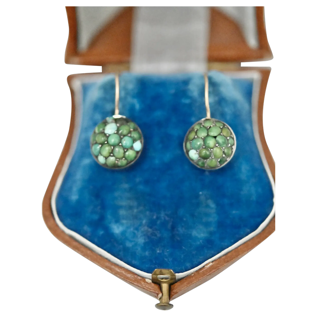 Antique Victorian Turquoise Bombe Pave Set 9ct Drop Earrings