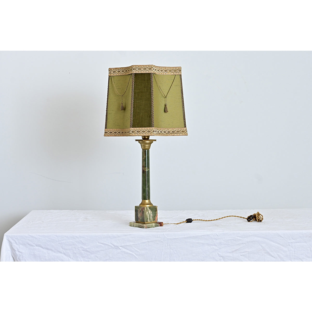 French Vintage Green Onyx Table Lamp with Custom Shade