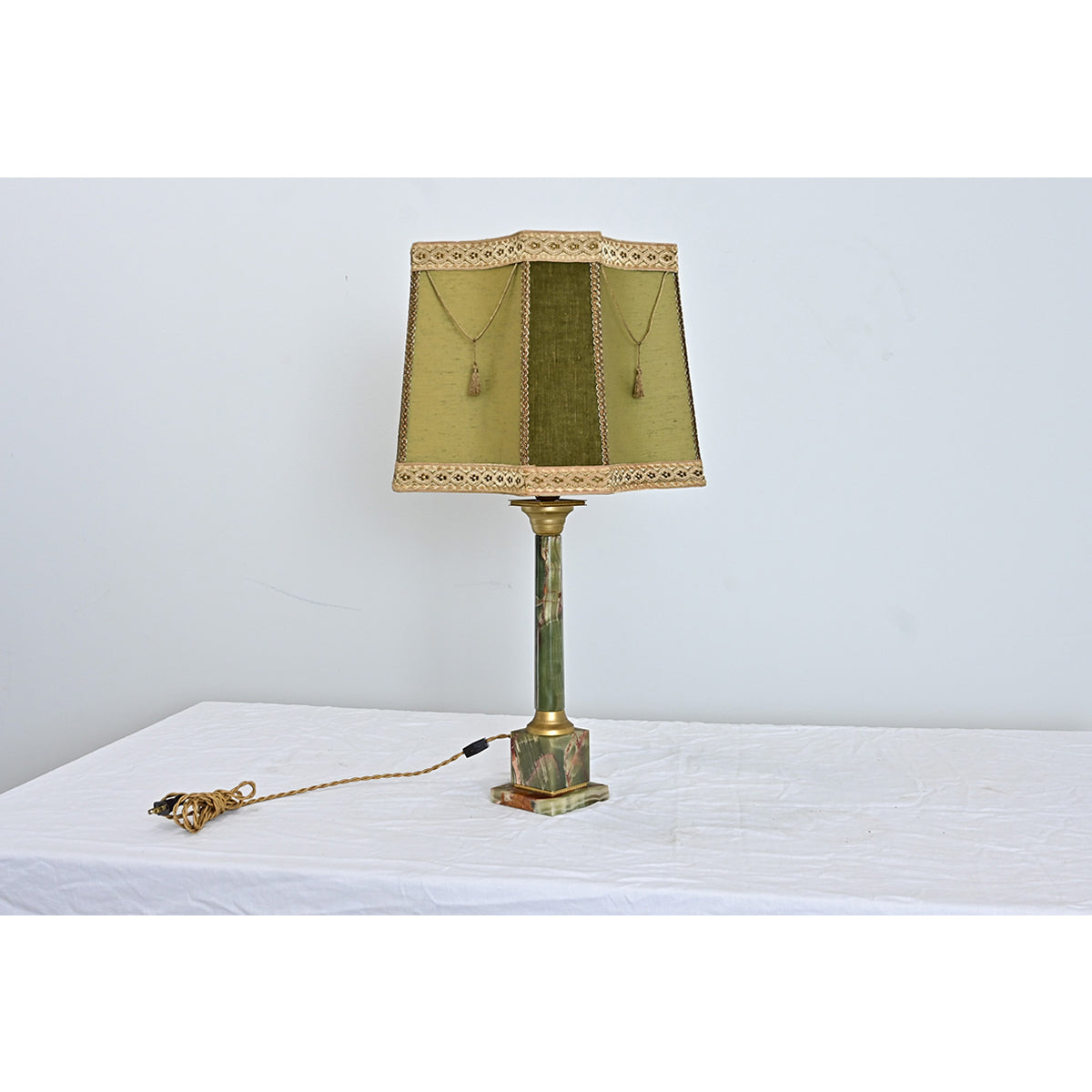 French Vintage Green Onyx Table Lamp with Custom Shade