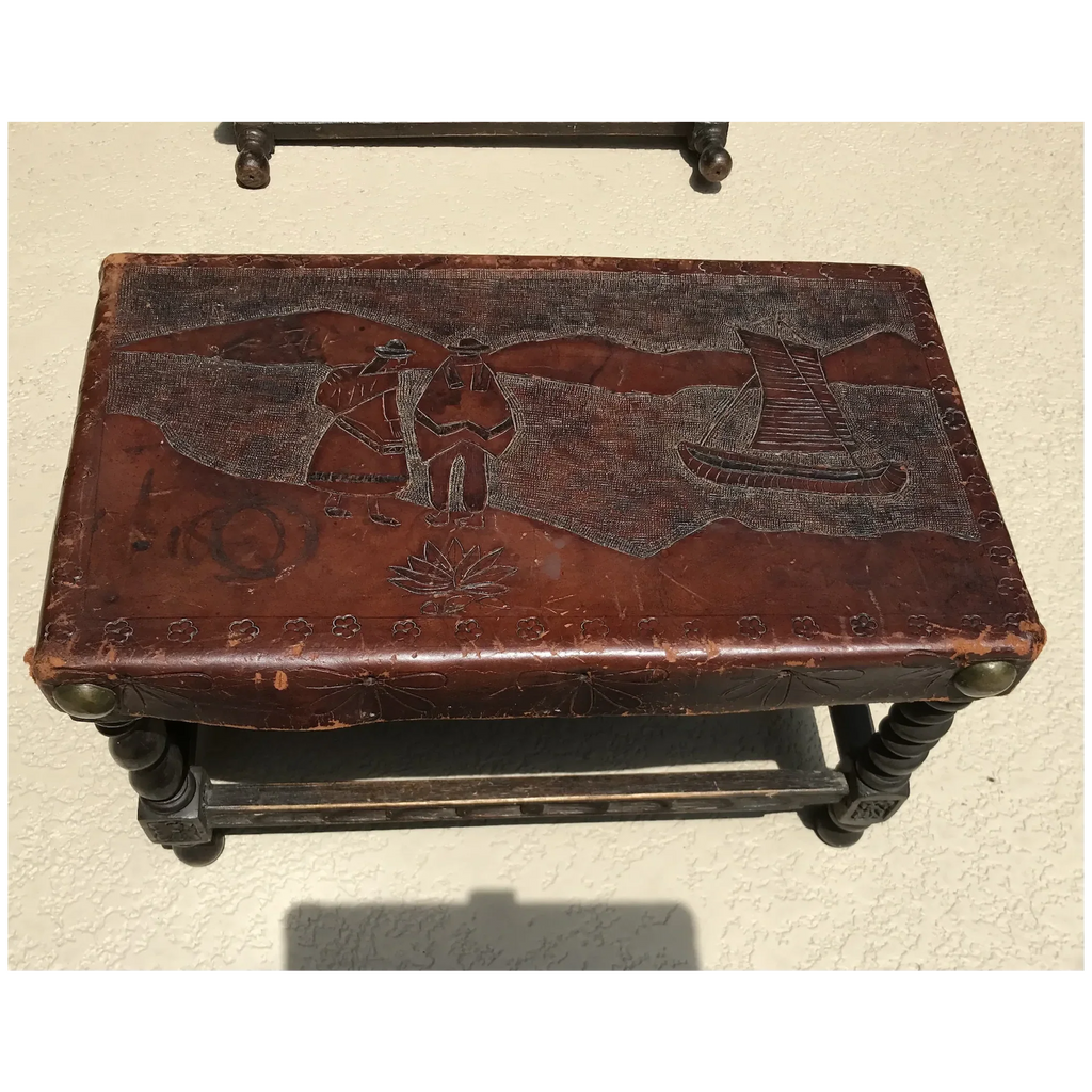 Early 20th C. Pair of Leather Top Oak Stools