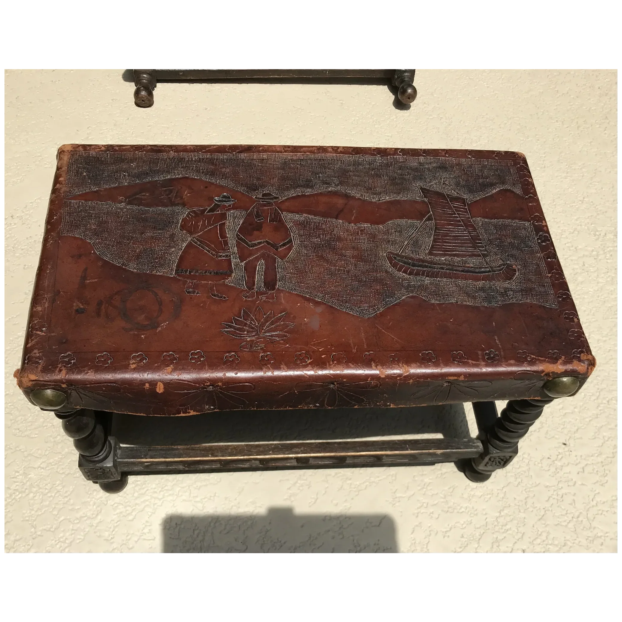 Early 20th C. Pair of Leather Top Oak Stools