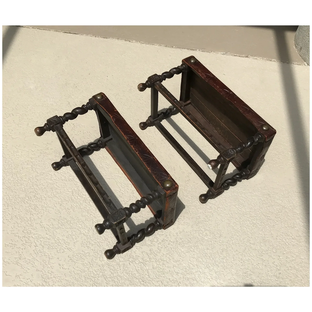 Early 20th C. Pair of Leather Top Oak Stools