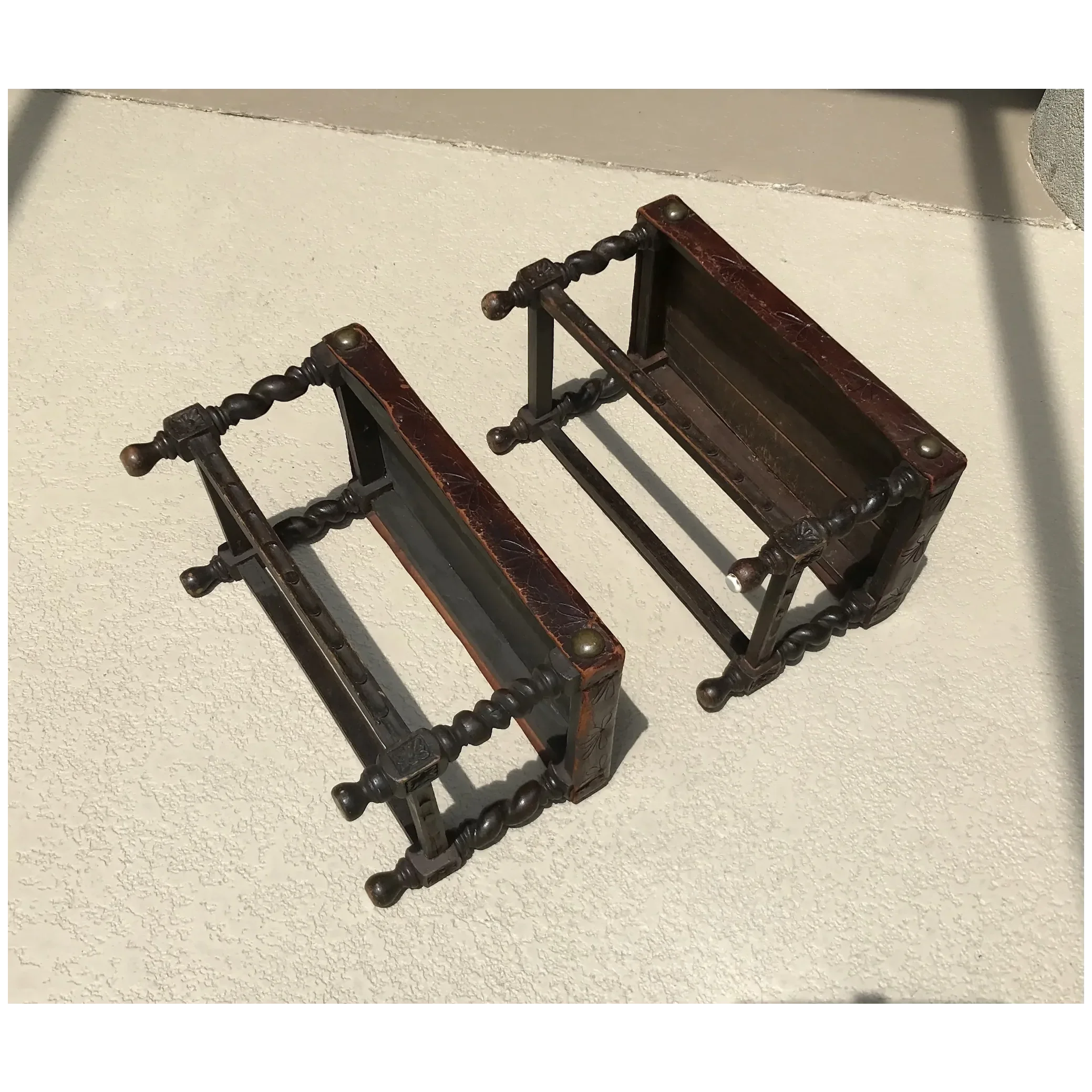 Early 20th C. Pair of Leather Top Oak Stools