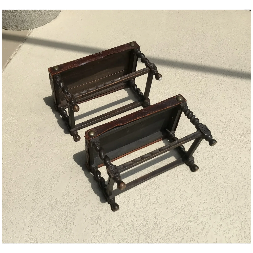 Early 20th C. Pair of Leather Top Oak Stools