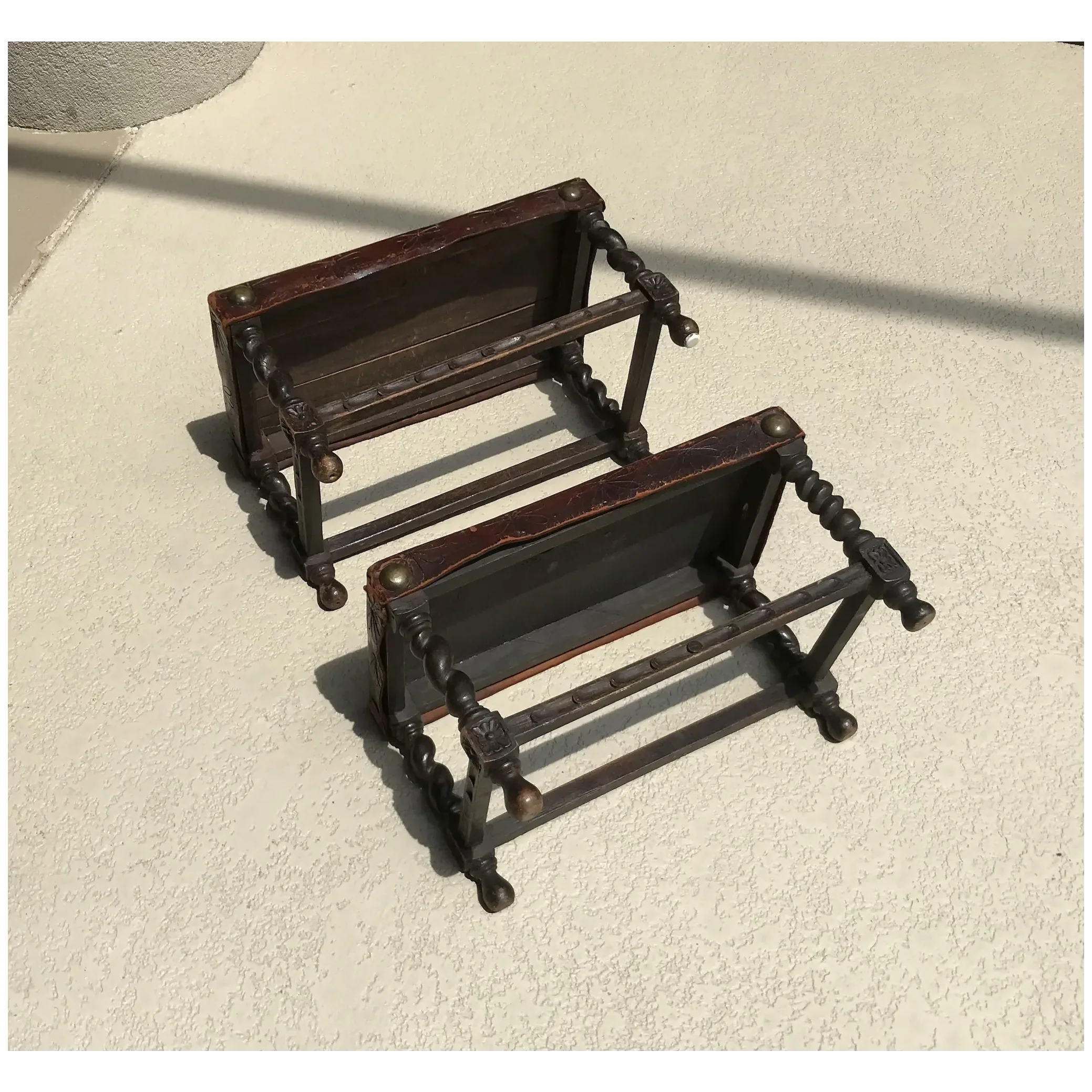 Early 20th C. Pair of Leather Top Oak Stools