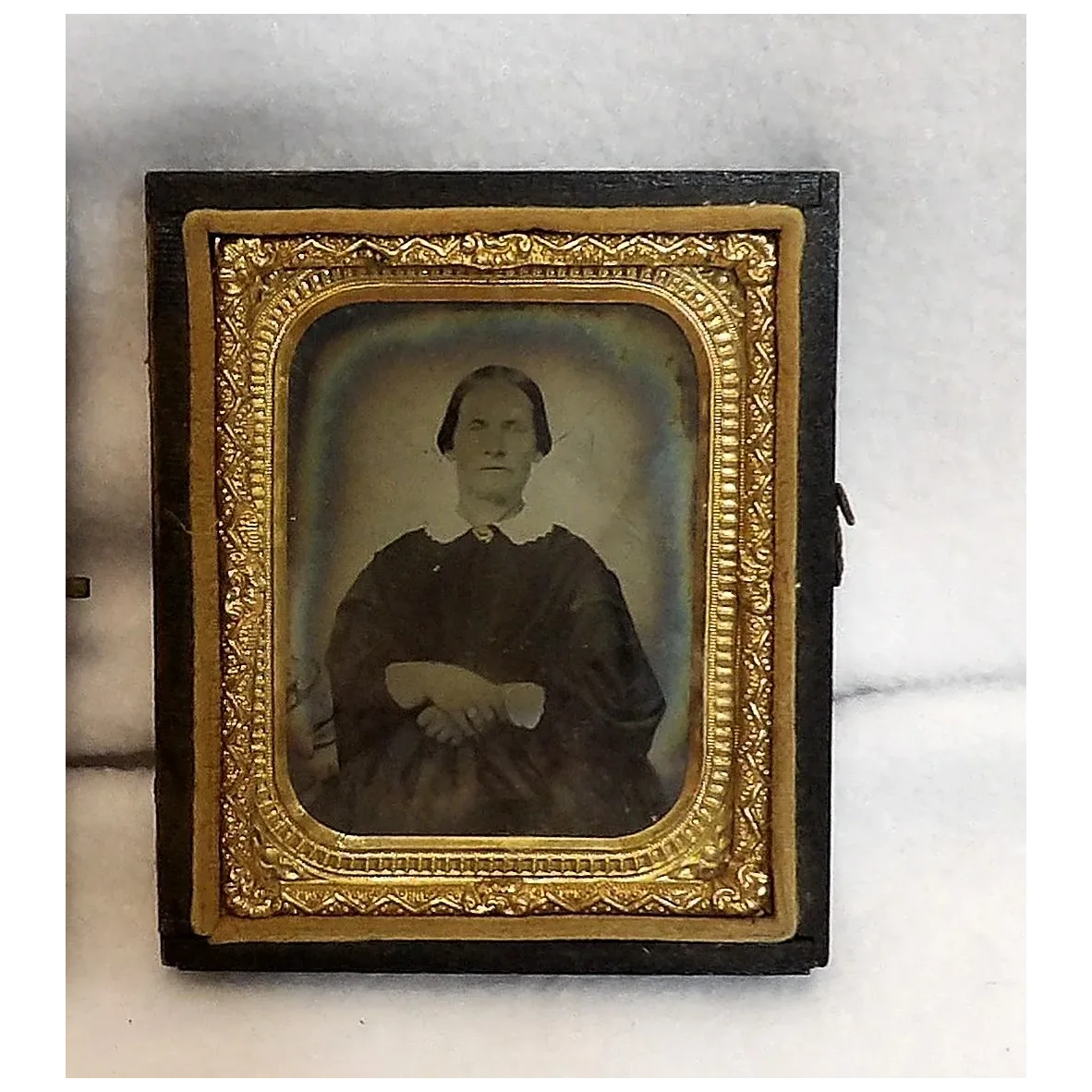 Tintype Photo with Gold Gilt Metal and Hand Tooled Leather & Wood-Velvet Case