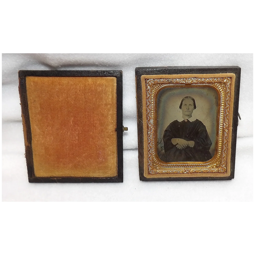 Tintype Photo with Gold Gilt Metal and Hand Tooled Leather & Wood-Velvet Case