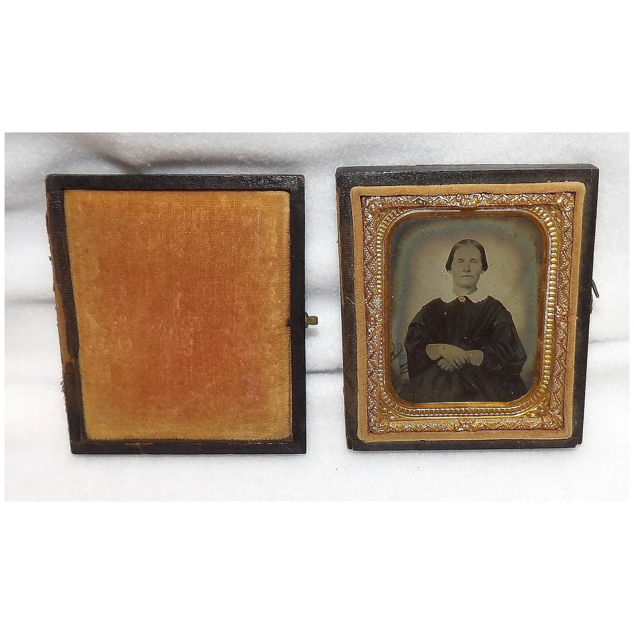 Tintype Photo with Gold Gilt Metal and Hand Tooled Leather & Wood-Velvet Case