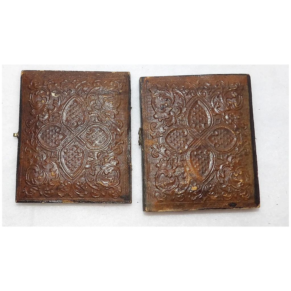Tintype Photo with Gold Gilt Metal and Hand Tooled Leather & Wood-Velvet Case